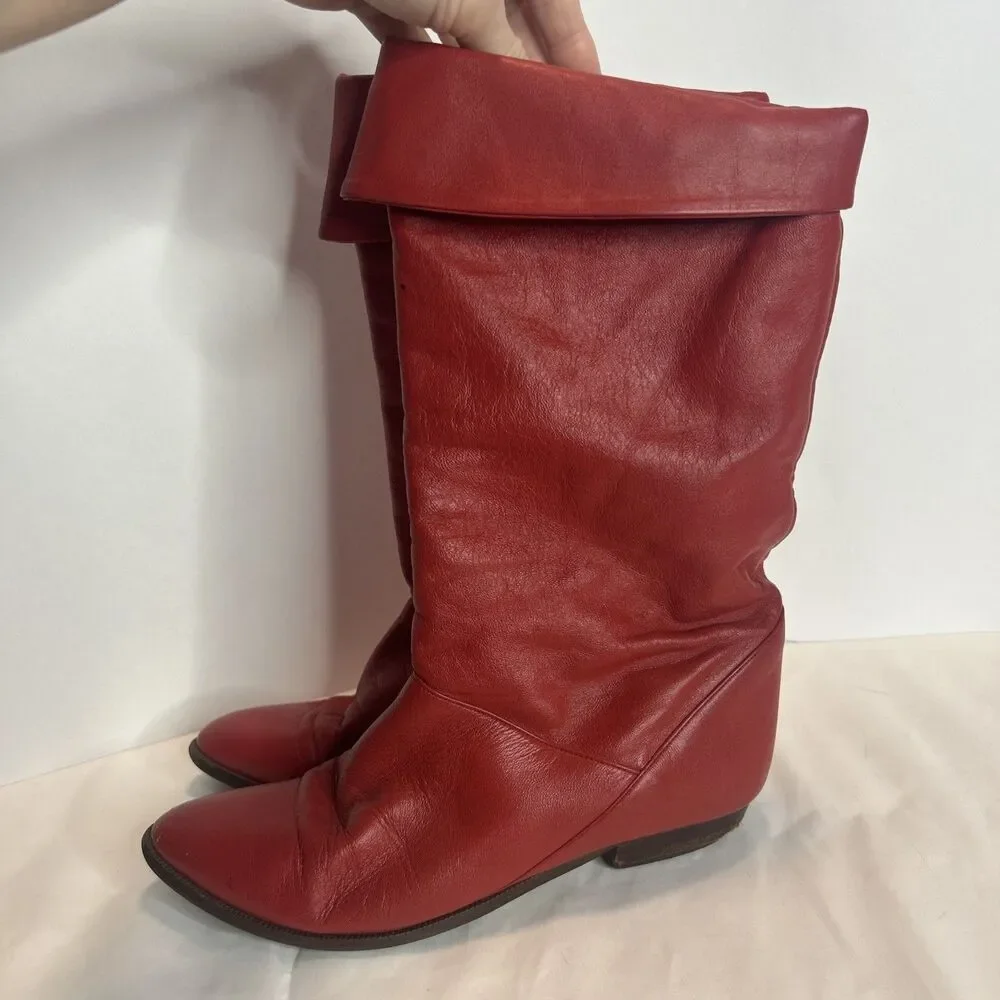 VTG Mister Shoes Red Leather Mid Calf Riding Boot Womens Size 7 M